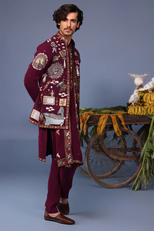 Kainaat Wine Kurta Jacket Set