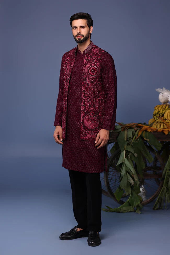 Yasir Wine Kurta Jacket Set
