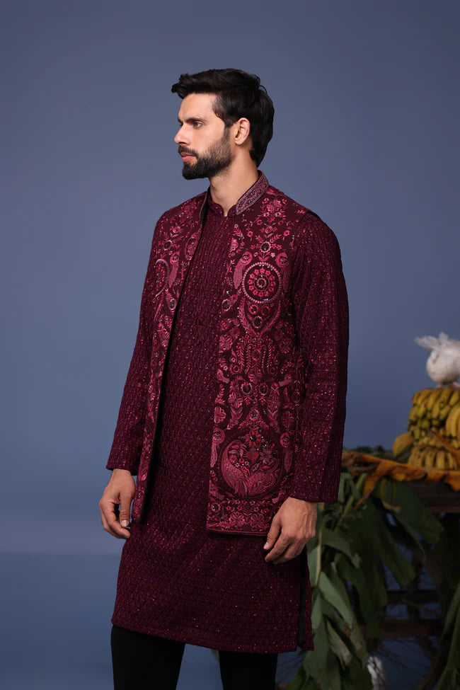 Yasir Wine Kurta Jacket Set