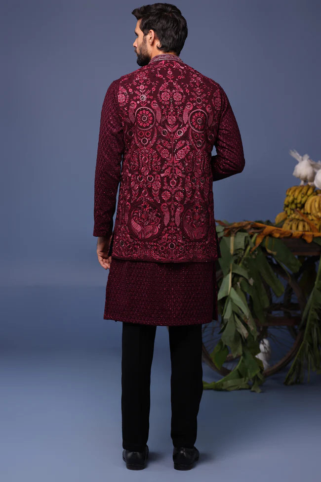 Yasir Wine Kurta Jacket Set