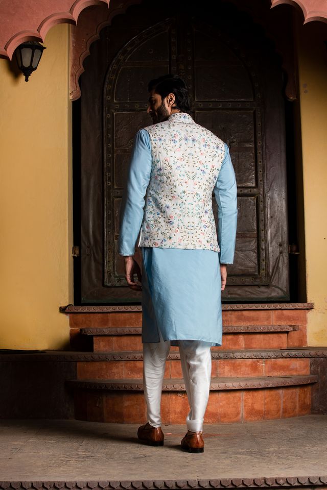 Ivory Floral Matka Jacket with Powder Blue Kurta and Ivory Dhoti