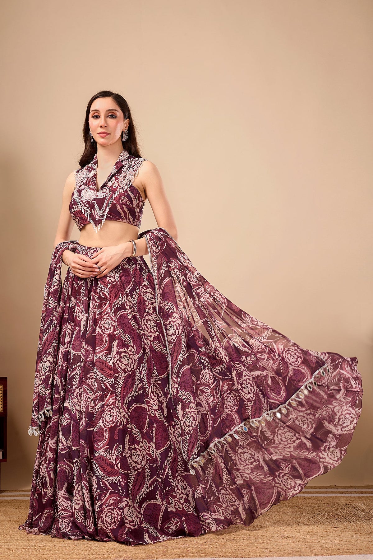 Plum Paisley Printed Indo Western Lehenga Set