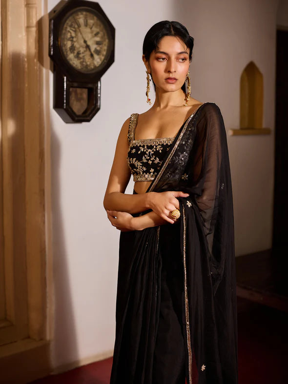 BLACK ONYX DREAPED SAREE SET