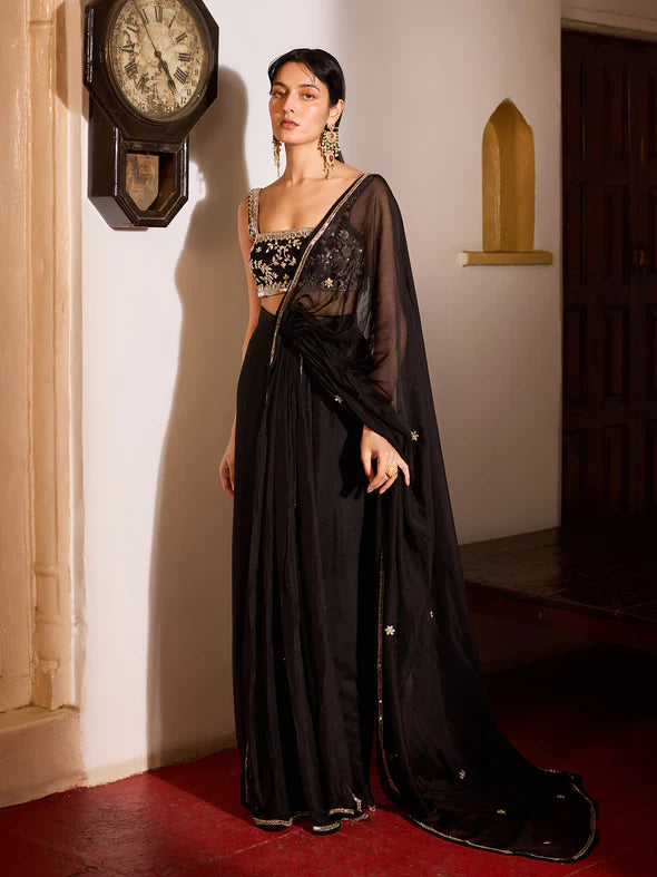 BLACK ONYX DREAPED SAREE SET
