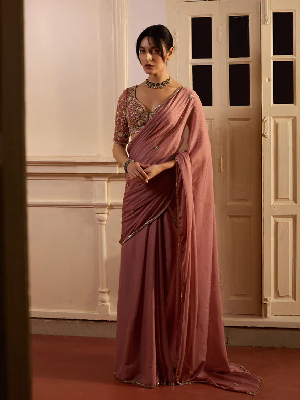 DUSTY ONION PINK DRAPED SAREE SET