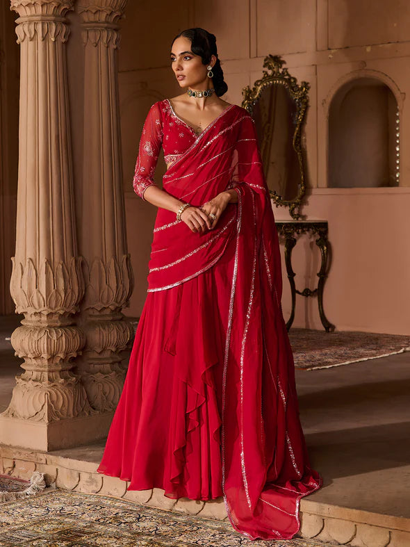 Enchanted Deep Crimson Draped Saree Set