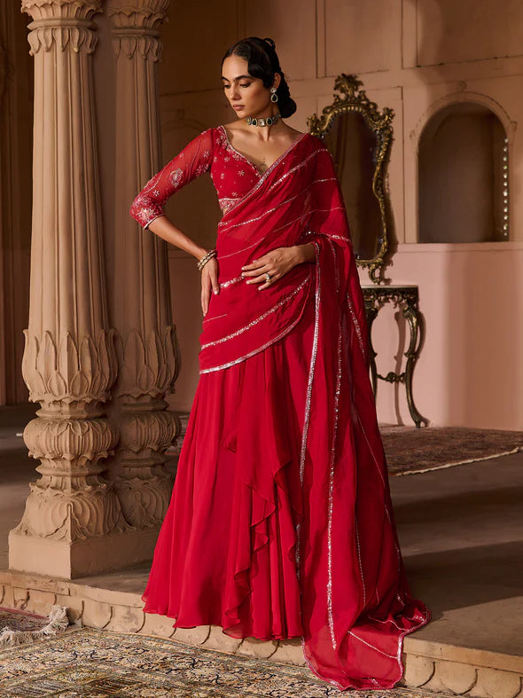Enchanted Deep Crimson Draped Saree Set