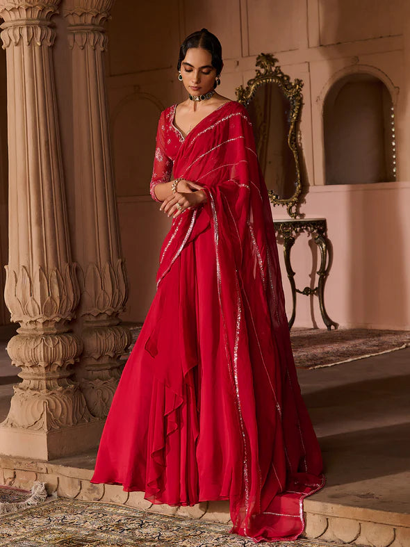 Enchanted Deep Crimson Draped Saree Set