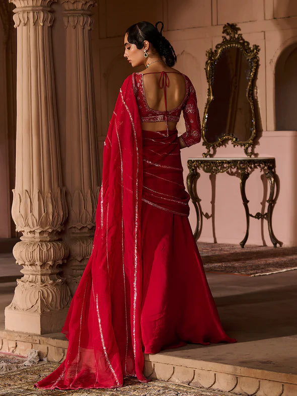 Enchanted Deep Crimson Draped Saree Set