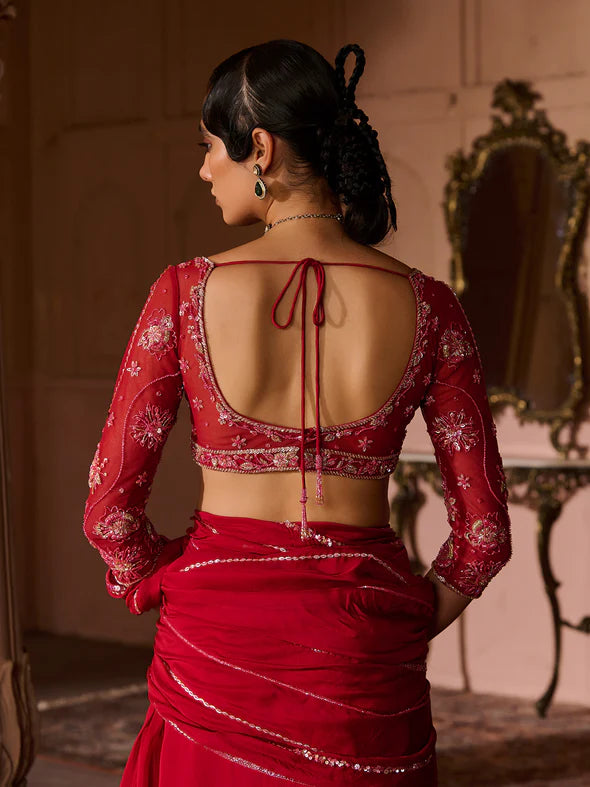 Enchanted Deep Crimson Draped Saree Set