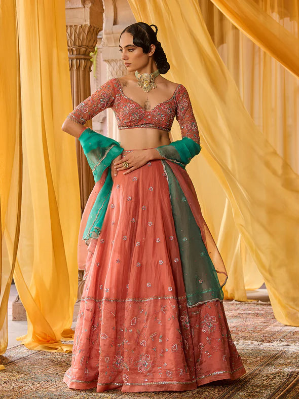 Coral Bloom Organza Lehenga Set