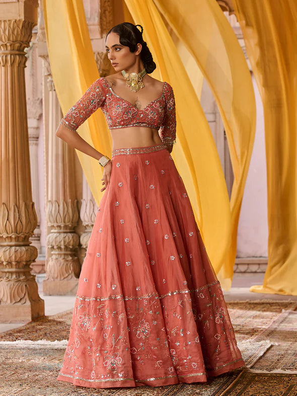 Coral Bloom Organza Lehenga Set