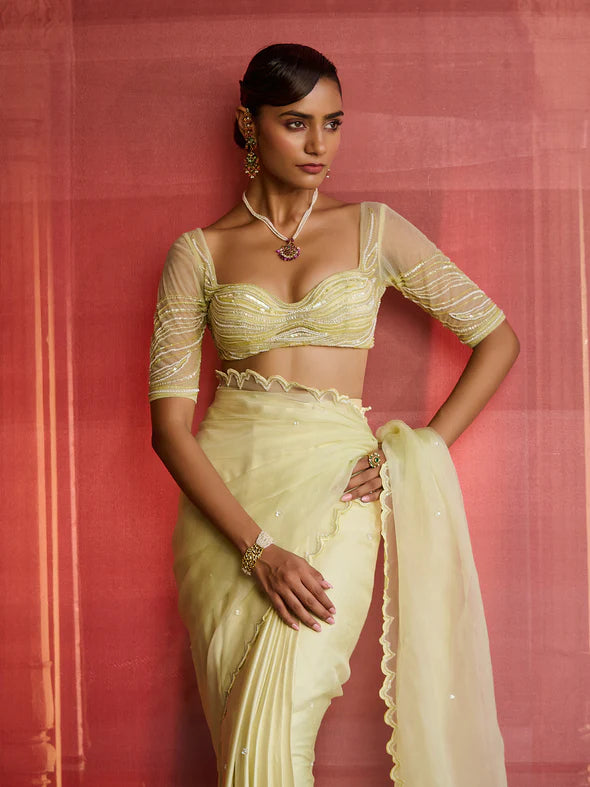 Zest Lime Green Draped Saree Set