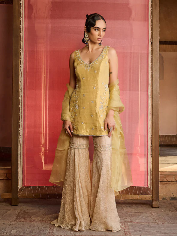 Elina Muted Lime Gold Sharara Set