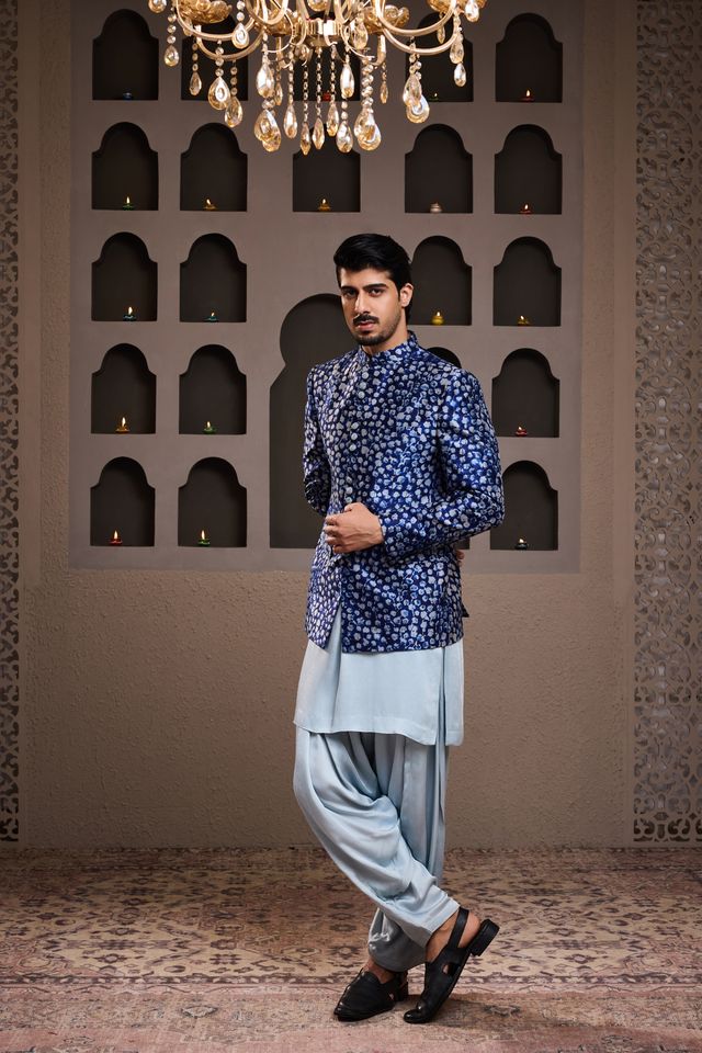 Indigo Printed Short Jacket Kurta Patiyala Salwar