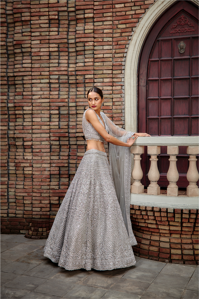 Silver Grey Tulle Lehenga Set