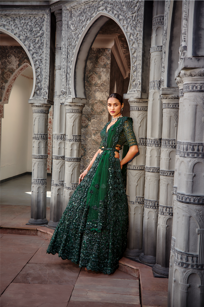 Bottle Green Velvet Applique Tulle Lehenga Set