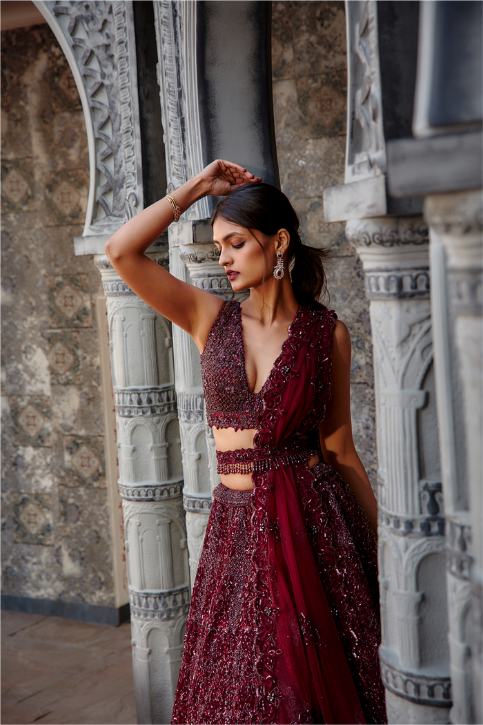 Deep Burgundy Tulle Lehenga Set