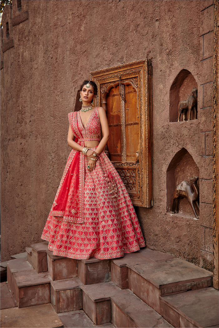 Coral Raw Silk Lehenga Set Gota Work