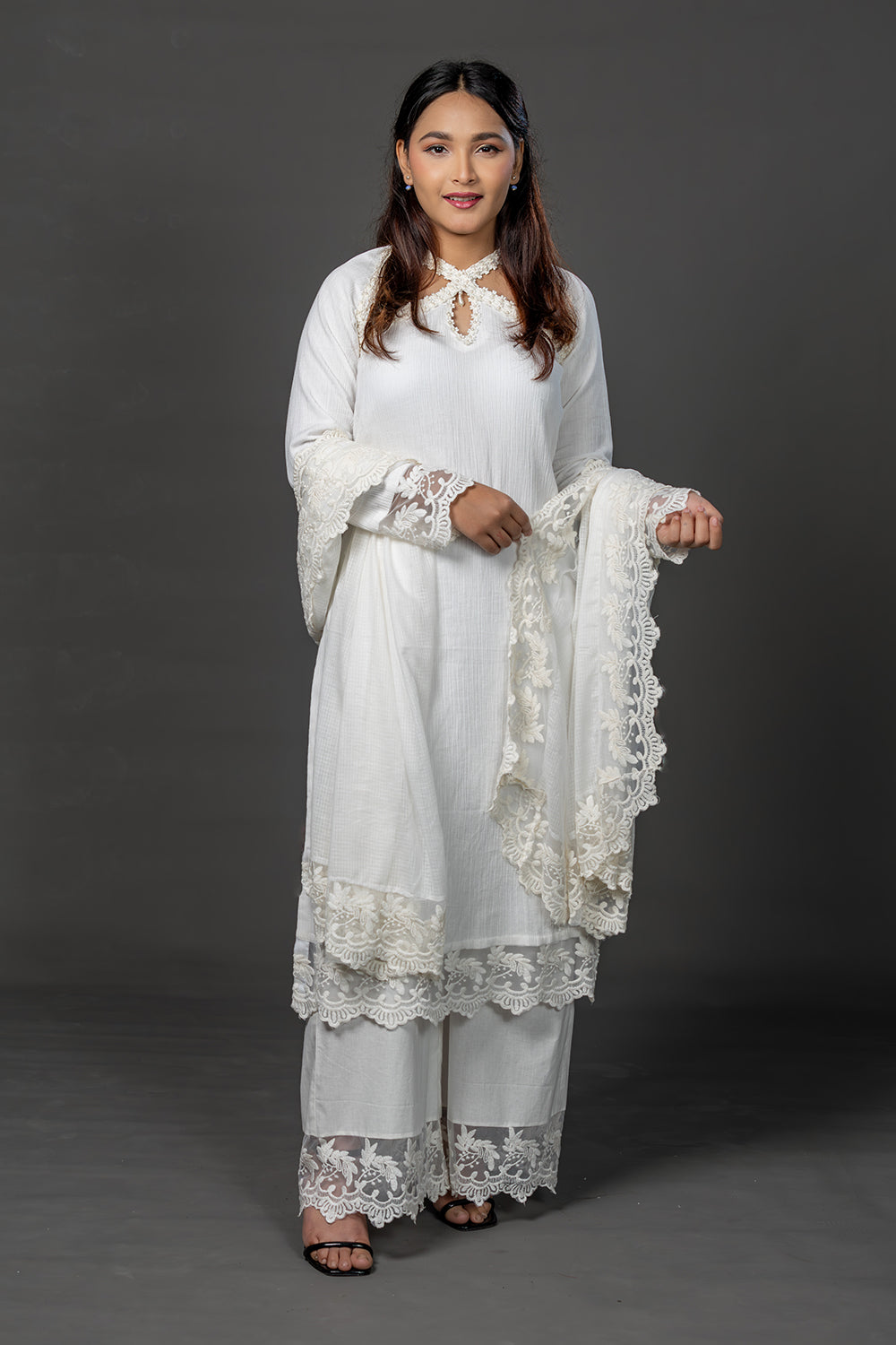 Lace embellished white cotton kurta set with pants and kota doria dupatta