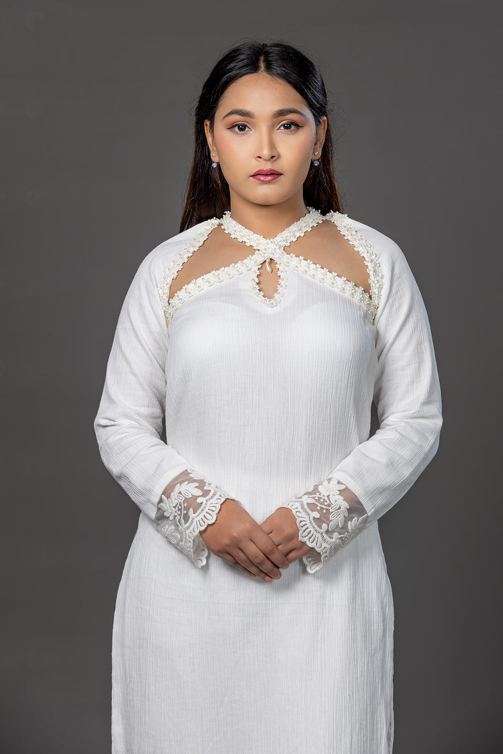 Lace embellished white cotton kurta set with pants and kota doria dupatta