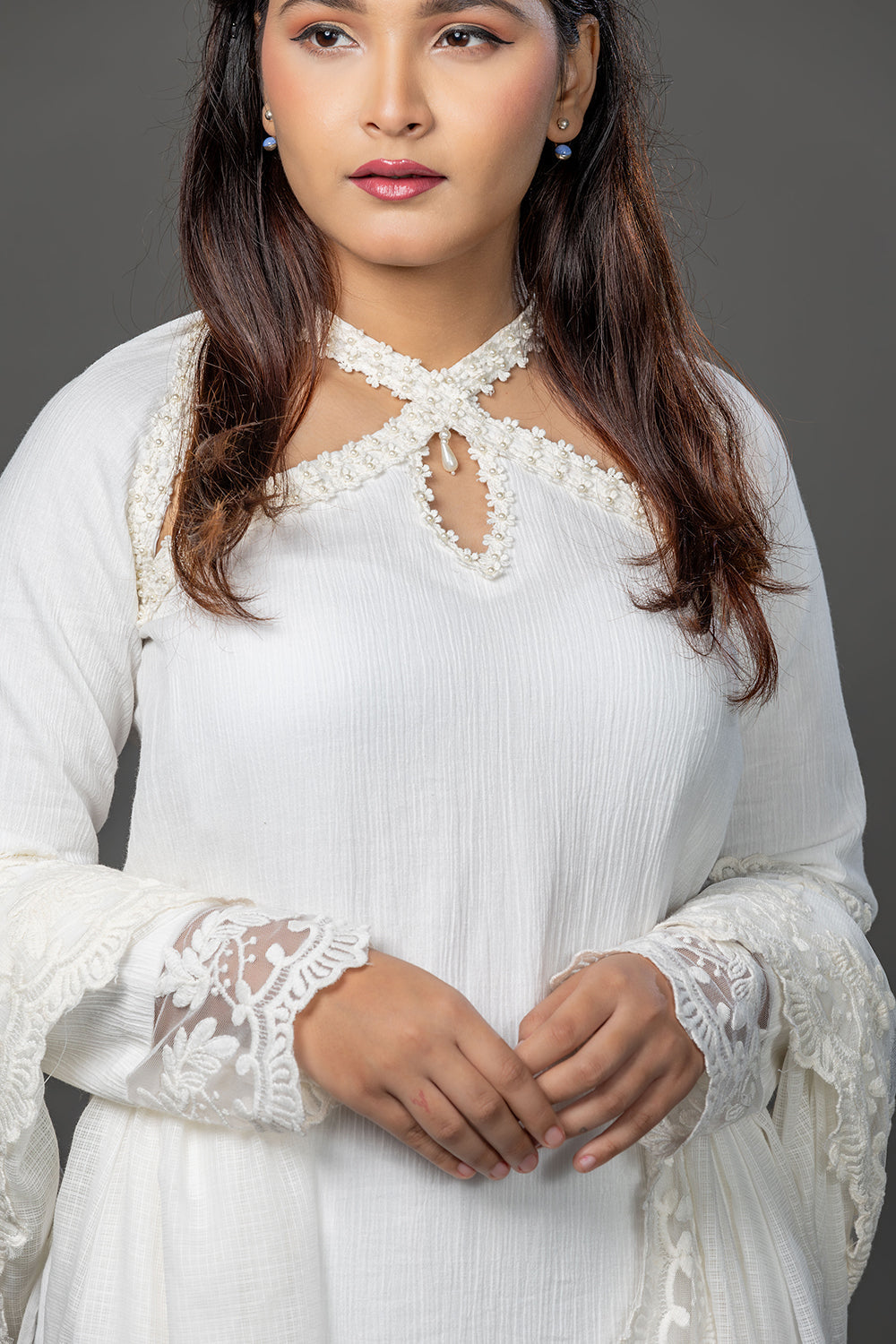 Lace embellished white cotton kurta set with pants and kota doria dupatta