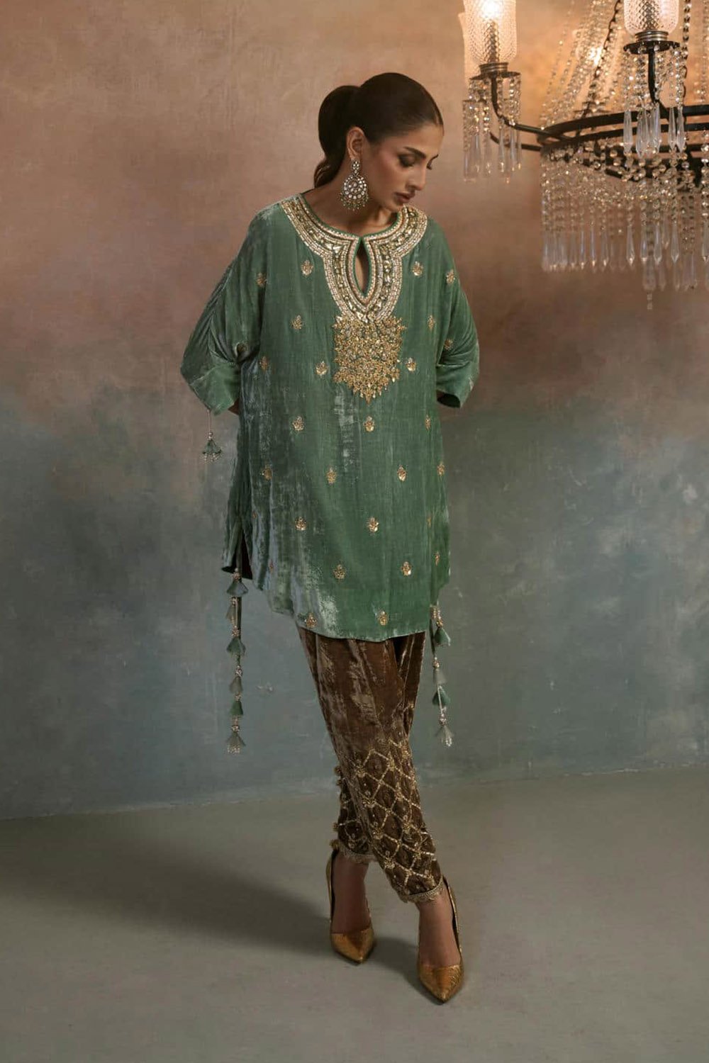 Aqua Mist Velvet Embroidered Co-ord Set