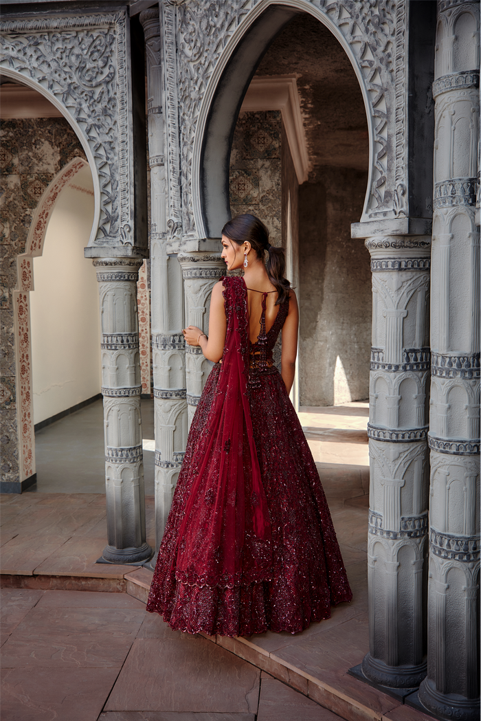 Deep Burgundy Tulle Lehenga Set