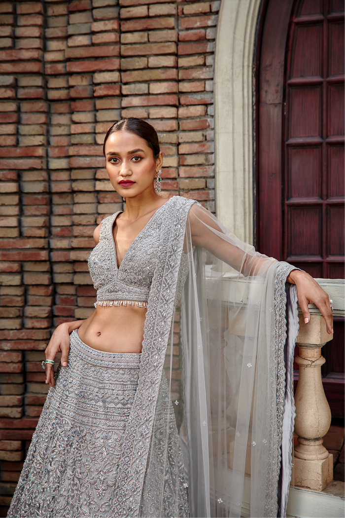 Silver Grey Tulle Lehenga Set