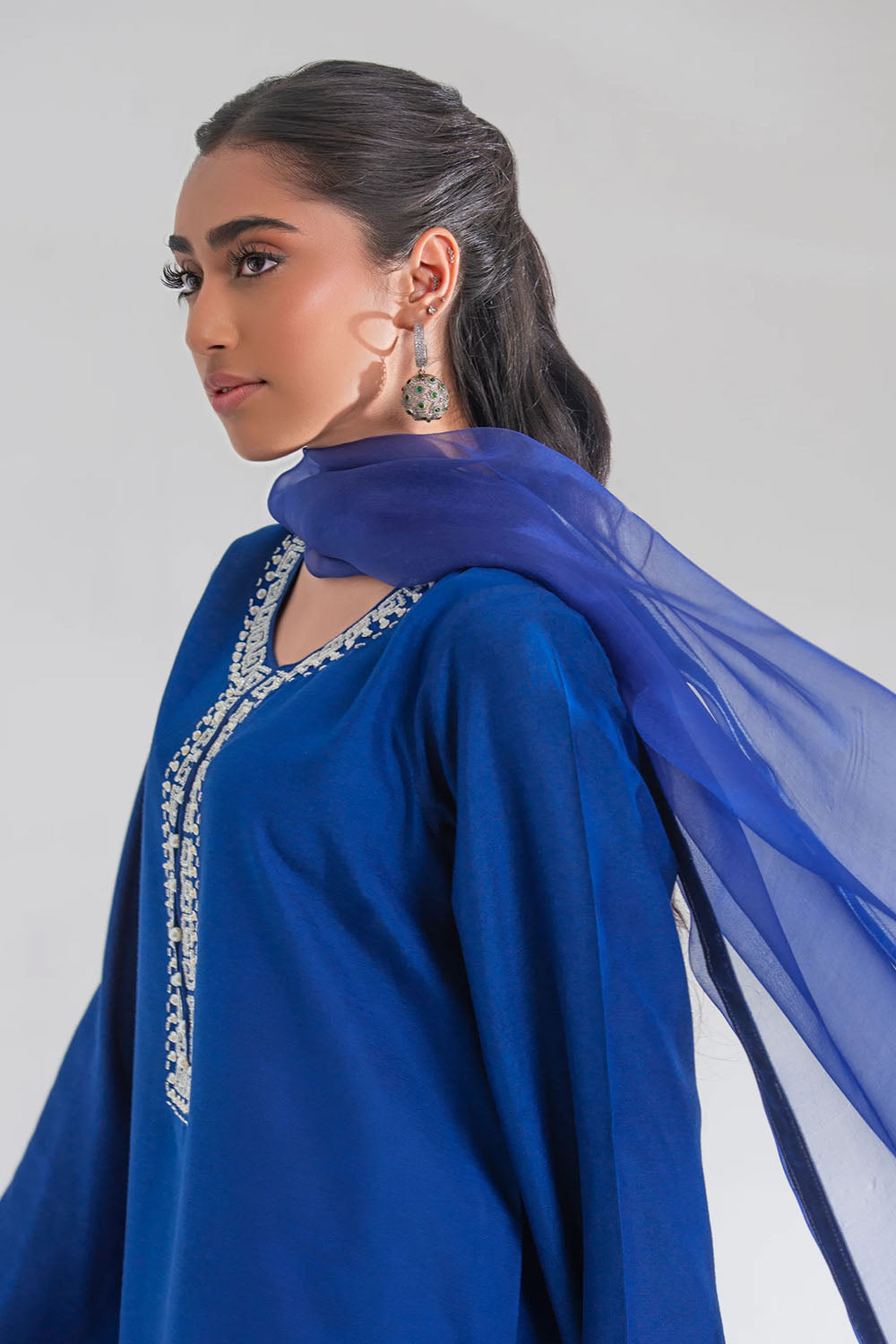 Blue Luxe Embroidered Farshi Suit Set with Dupatta