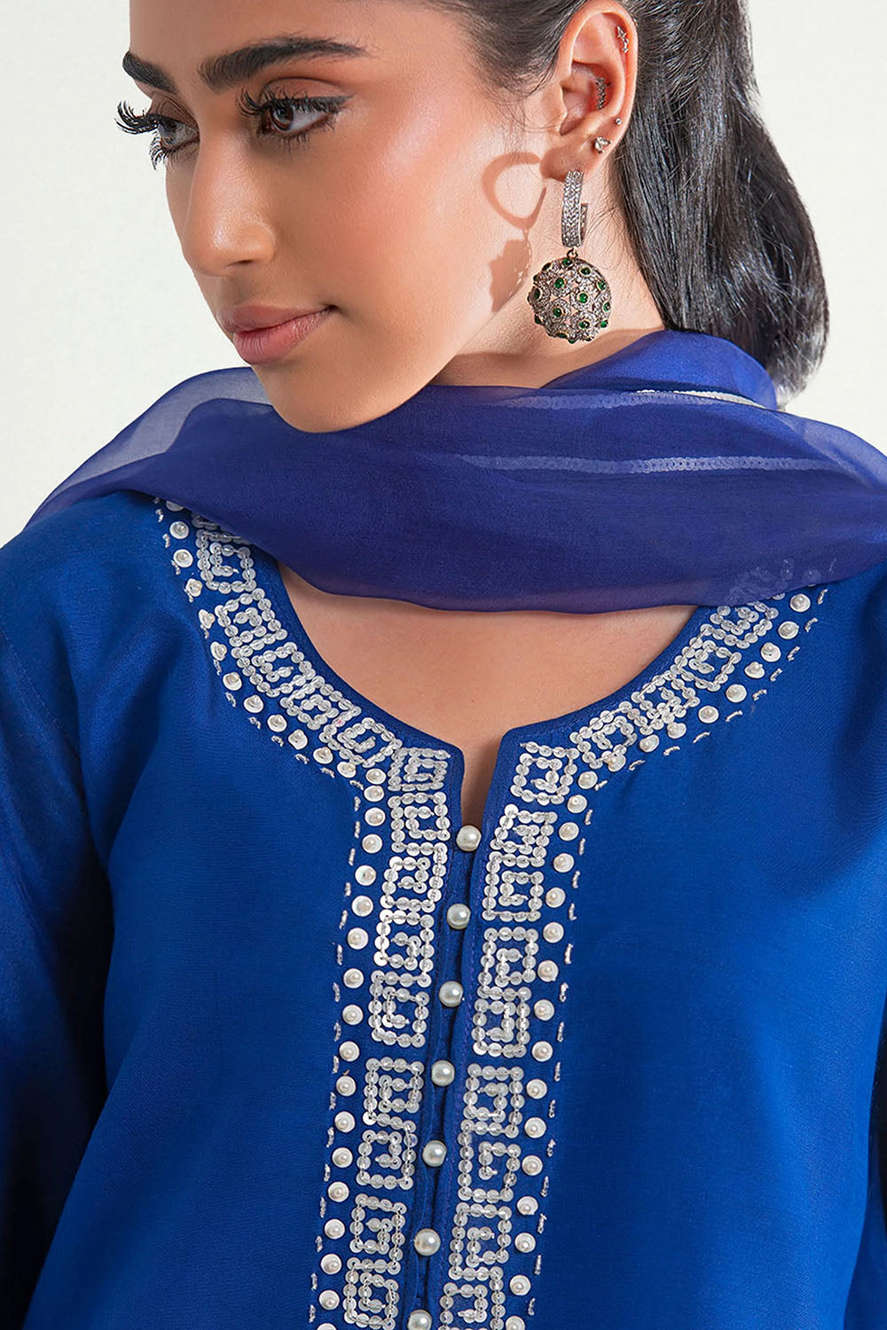 Blue Luxe Embroidered Farshi Suit Set with Dupatta