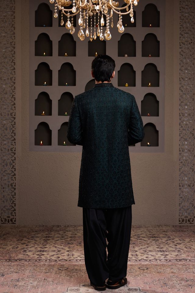 Green Achkan Black Emb Kurta Patiyala Salwar