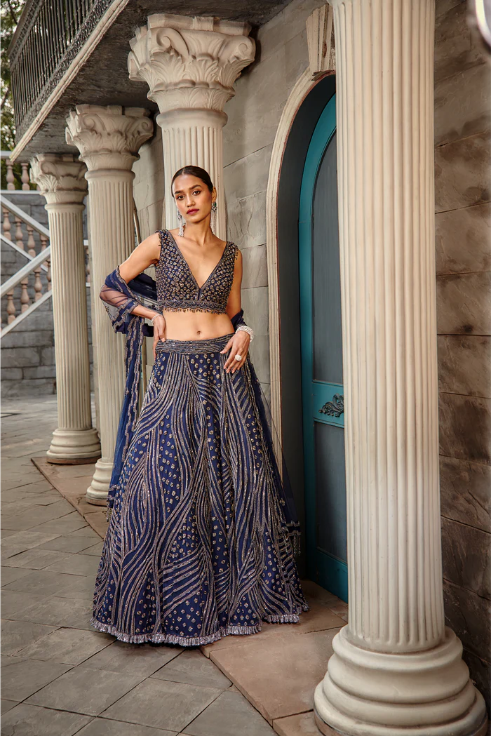Navy Blue Net Lehenga Set
