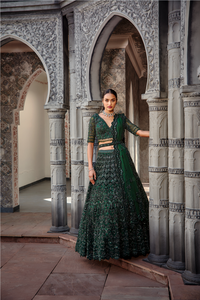 Bottle Green Velvet Applique Tulle Lehenga Set