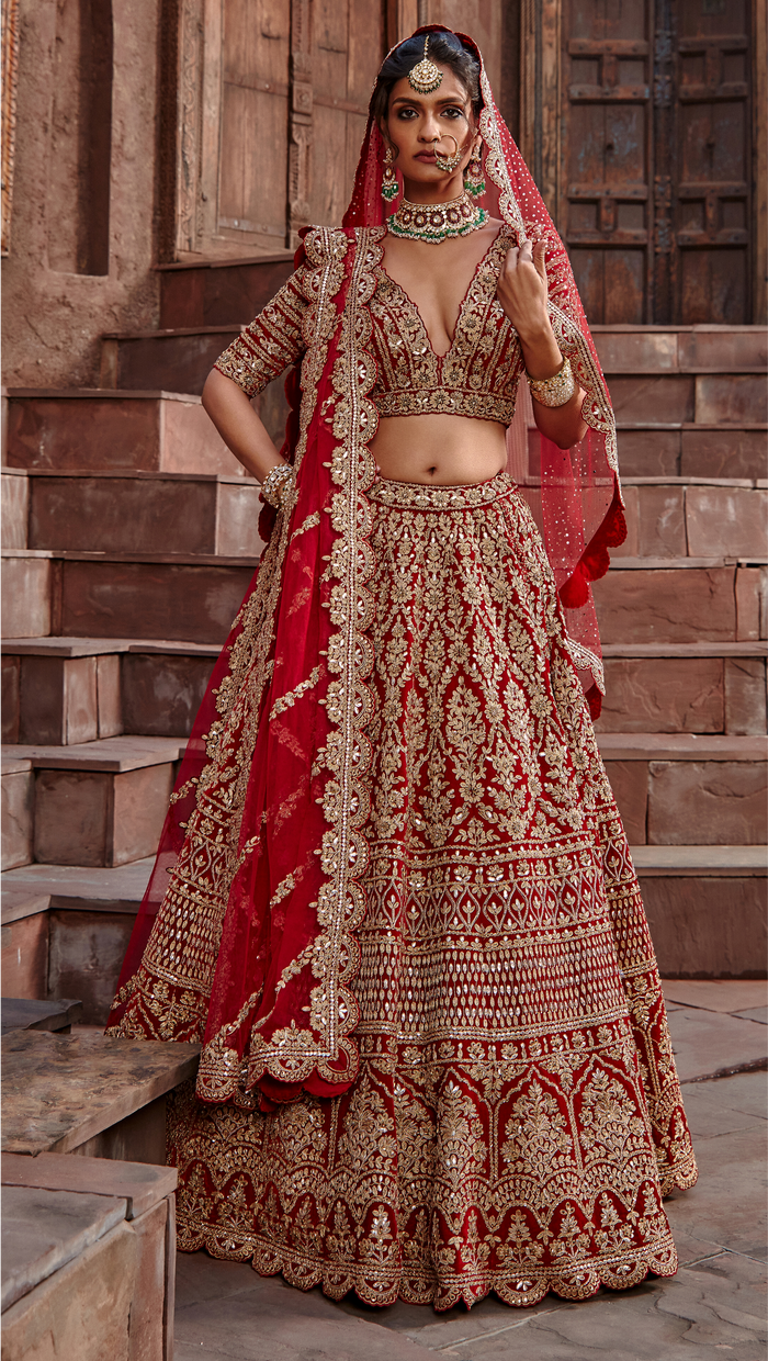 Blood Red Velvet Dori Lehenga Set