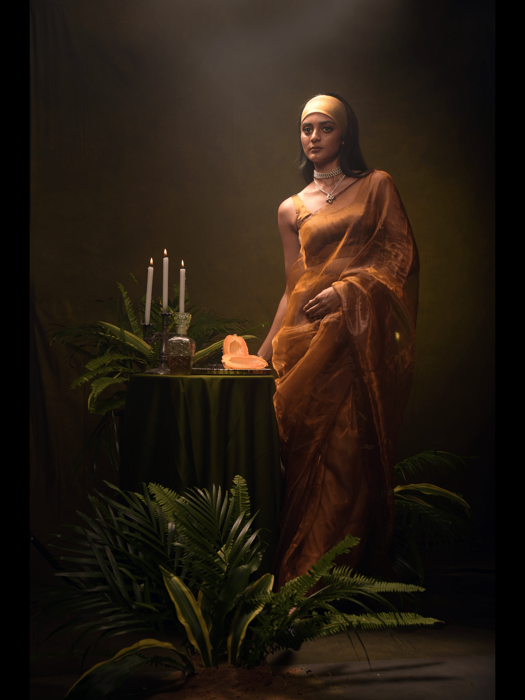 Champagne Cascades I Golden Organza Tissue Saree