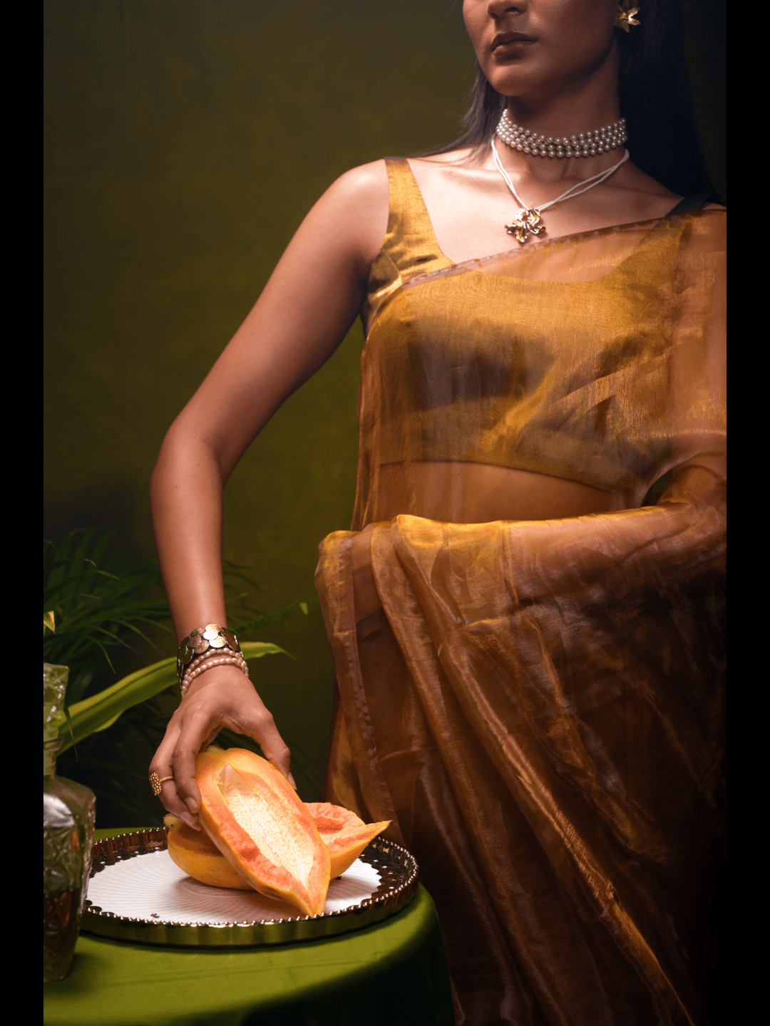 Champagne Cascades I Golden Organza Tissue Saree