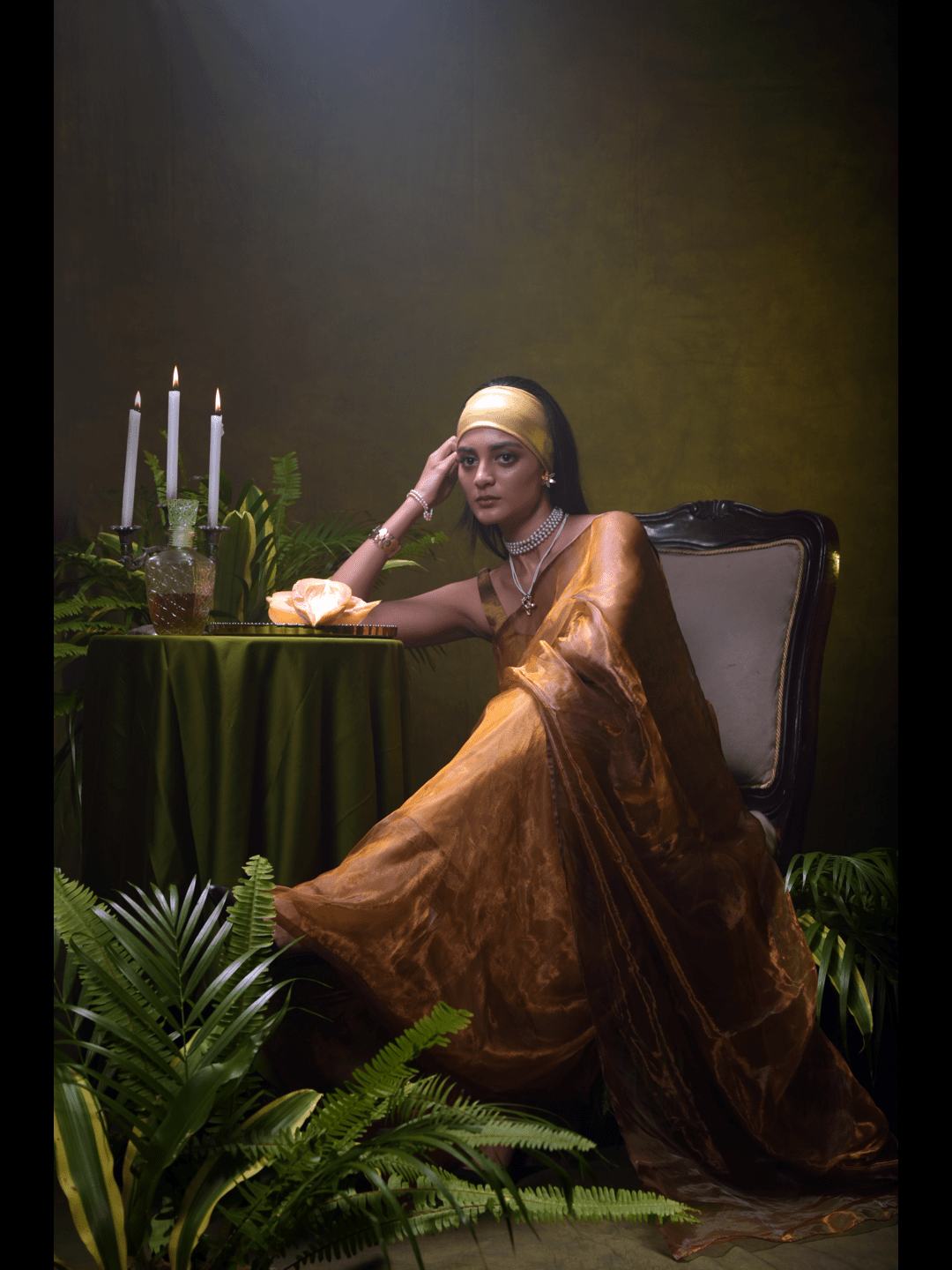 Champagne Cascades I Golden Organza Tissue Saree