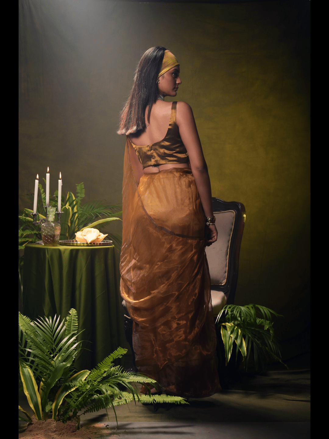 Champagne Cascades I Golden Organza Tissue Saree