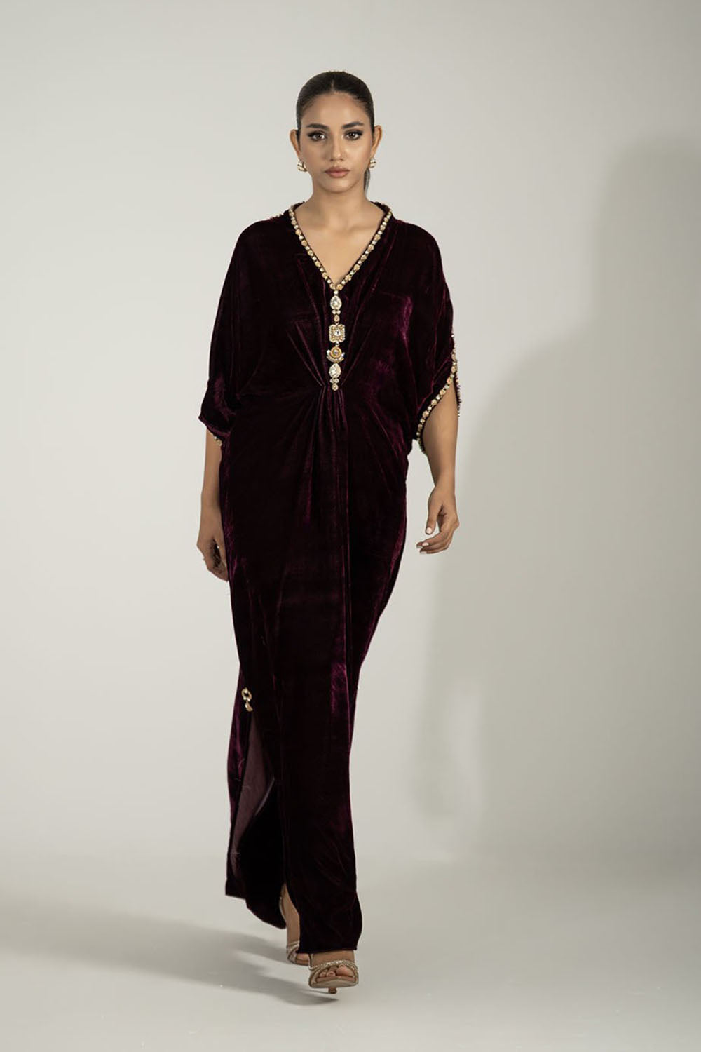 Crimson Luxe Hand-Embroidered Kaftan