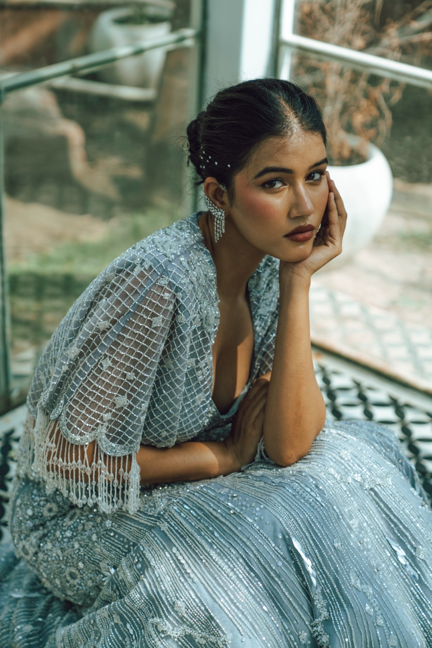Chaandni Grey Embroidered Fishcut Lehenga set with Cape