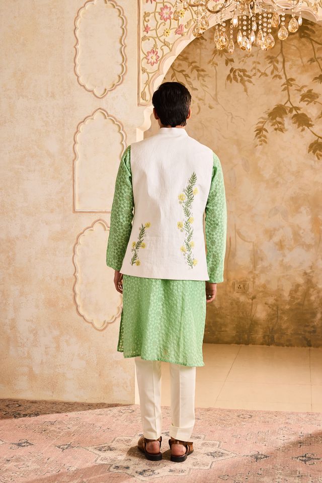 Ivory Bundi Jacket with Jade Kurta Churidar