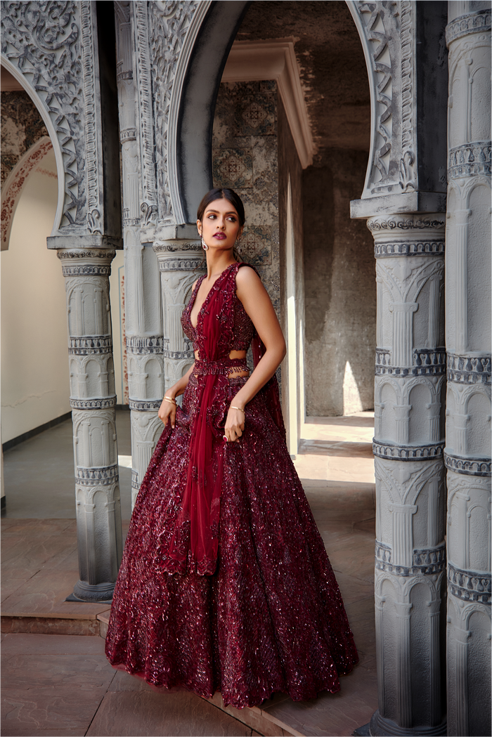 Deep Burgundy Tulle Lehenga Set