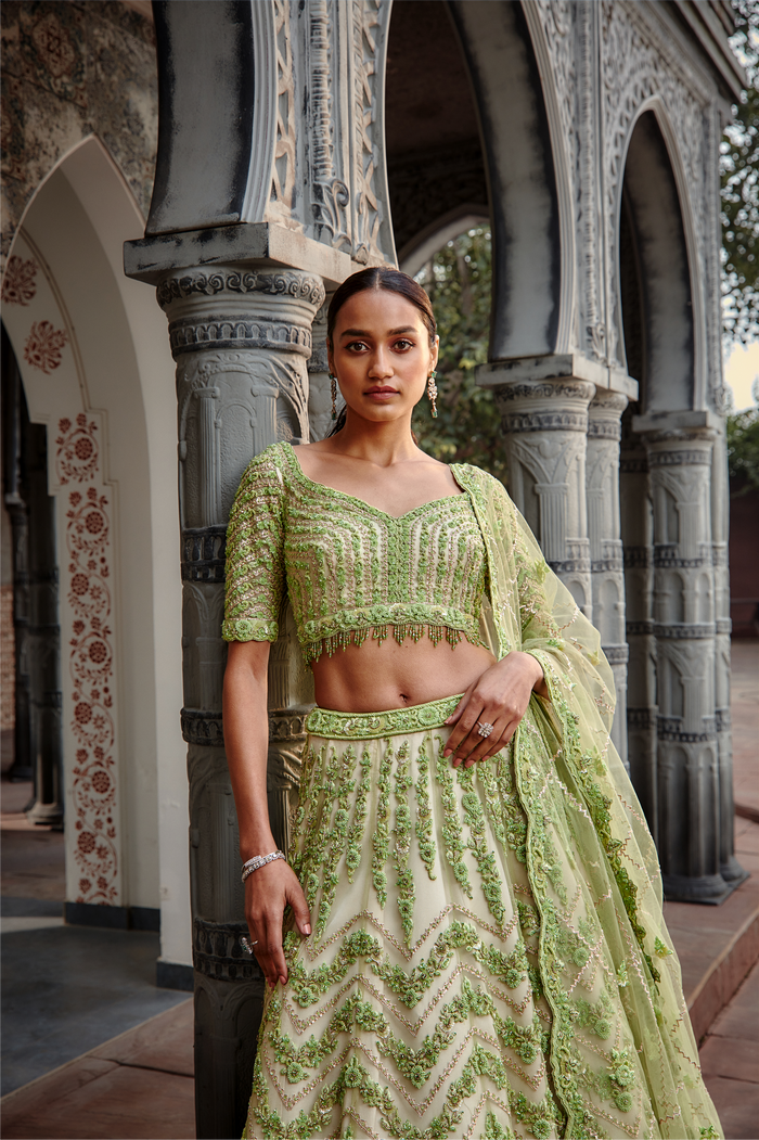 Ivory Lime Gota Resham Crystal Lehenga Set