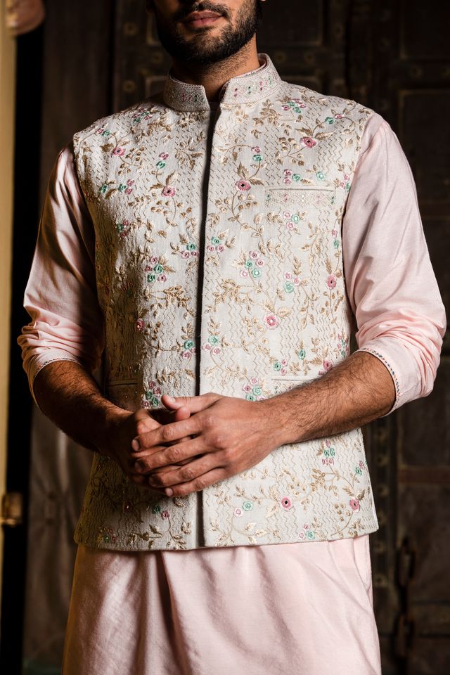 Cream Matka Embroidered Jacket with Blush Pink Kurta & Churidar