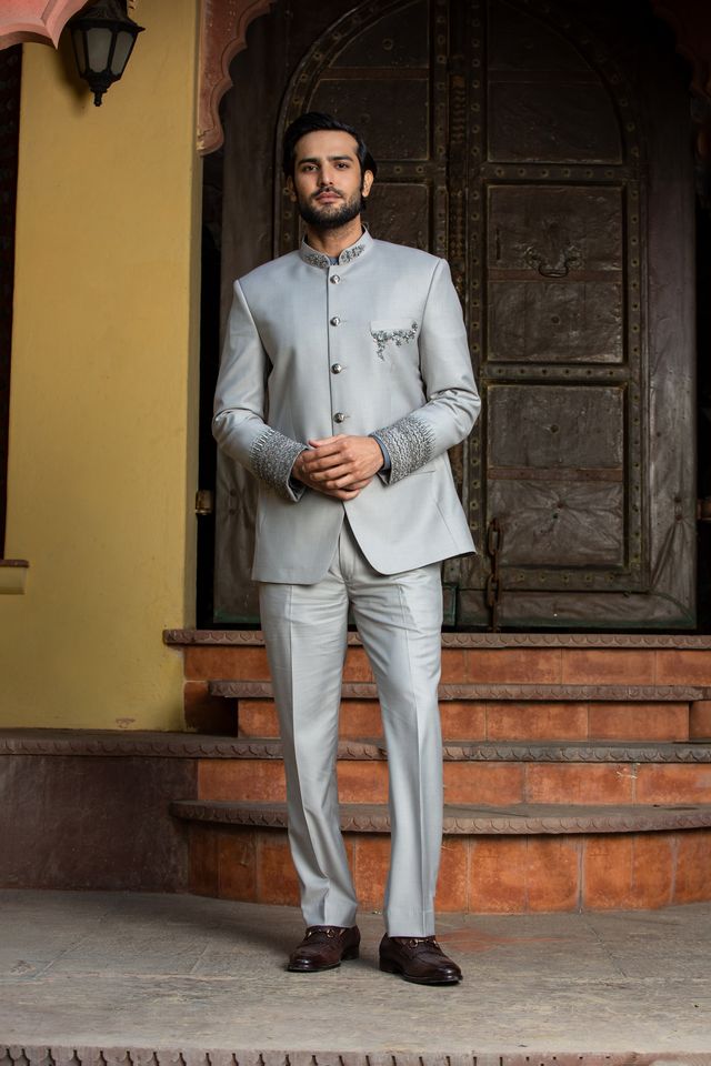Silver Grey Jodhpuri Suit Zardozi Embroidered