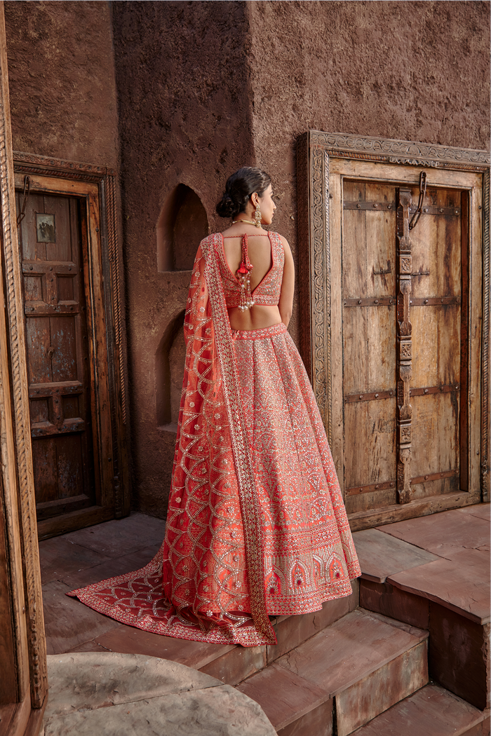 Orange Raw Silk Gota Lehenga Set