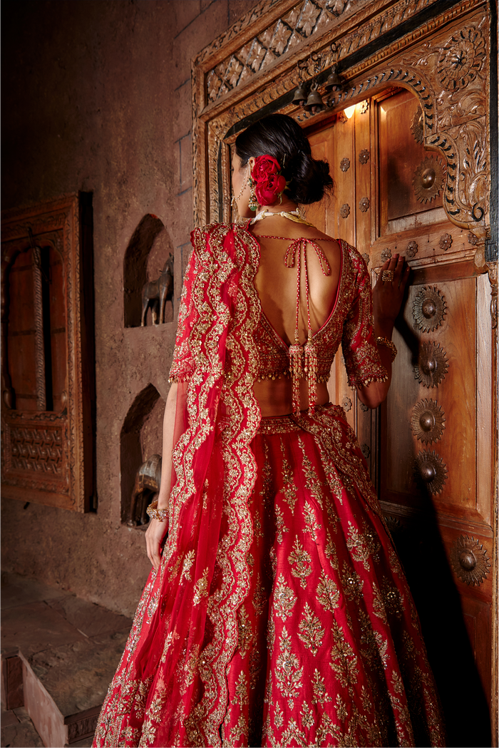 Cardinal Red Raw Silk Lehenga Set