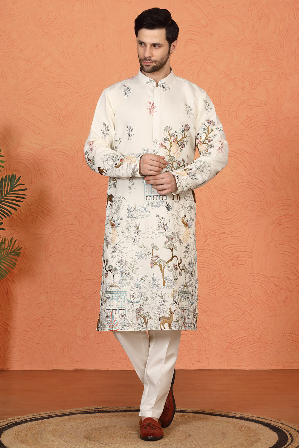 Forest Landscape All Over Embroidered Kurta with Back Elastic Pants