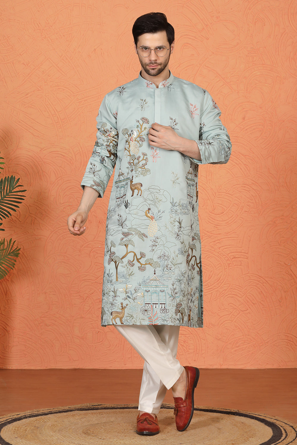 Forest Landscape All Over Embroidered Kurta with Back Elastic Pants